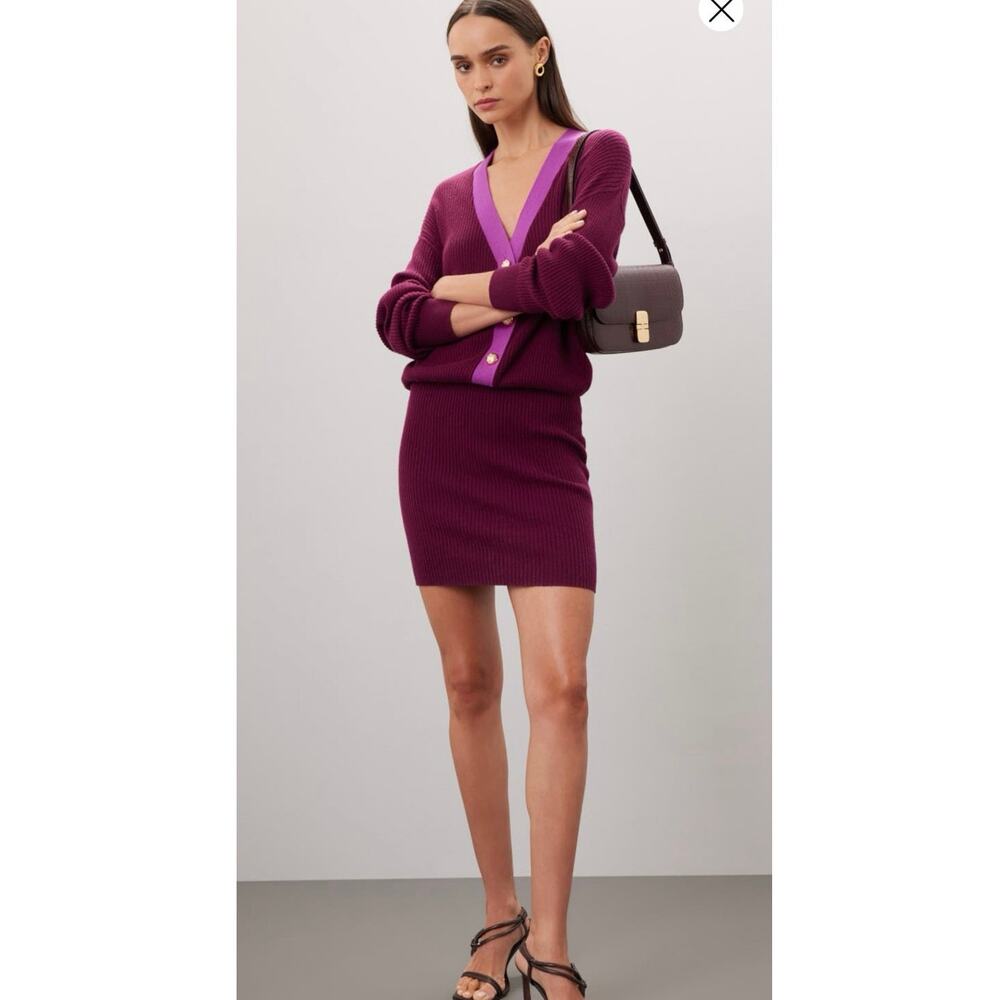 RAMY BROOK Purple Jewel Knit Long Sleeve V-Neck Gold Button Detail Andrea Dress
